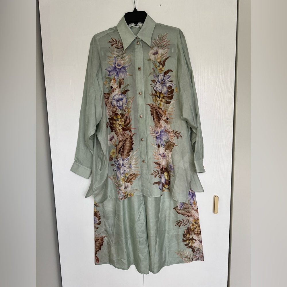 Final Zimmermann Coco Floral Silk Relaxed-Fit Shirt & Trousers Set Sage AU2 US8 - Picture 3 of 16